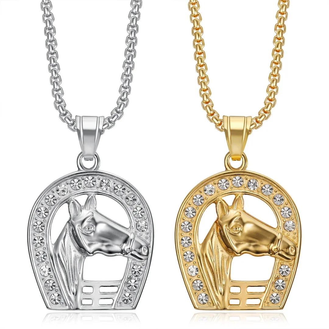 

Hiphop Iced Out Bling Horse Head Pendant Gold Silver Color Stainless Steel Horseshoe Necklace for Woman Man Jockey Club Jewelry