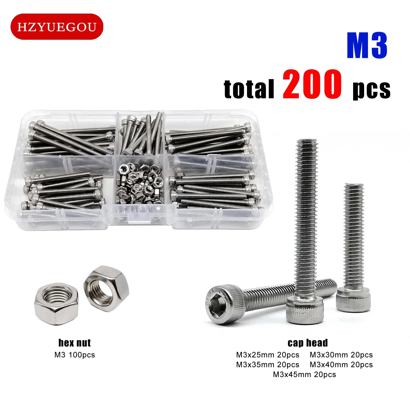 200 Uds DIN912 M3 Allen hexagonal cabeza hueca tornillo tuerca juego mezcla 6 tamaños surtido Kit caja 304 A2-70 acero inoxidable