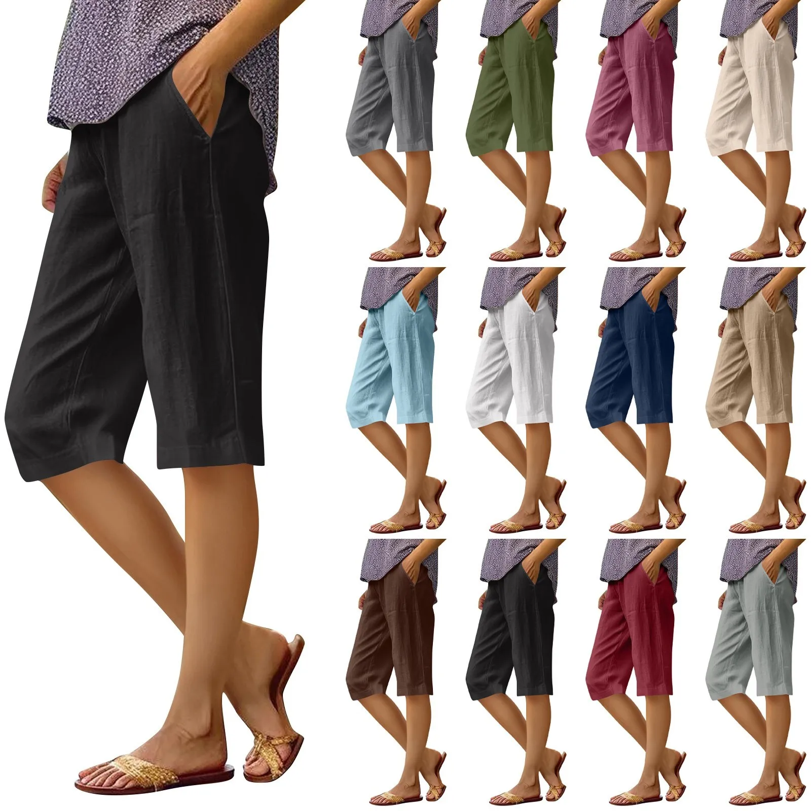 

Women's High Waist Solid Color Casual Workout Pants Shorts Summer Cotton Linen Lightweight Soft Comfy Daily Five-point Pants
