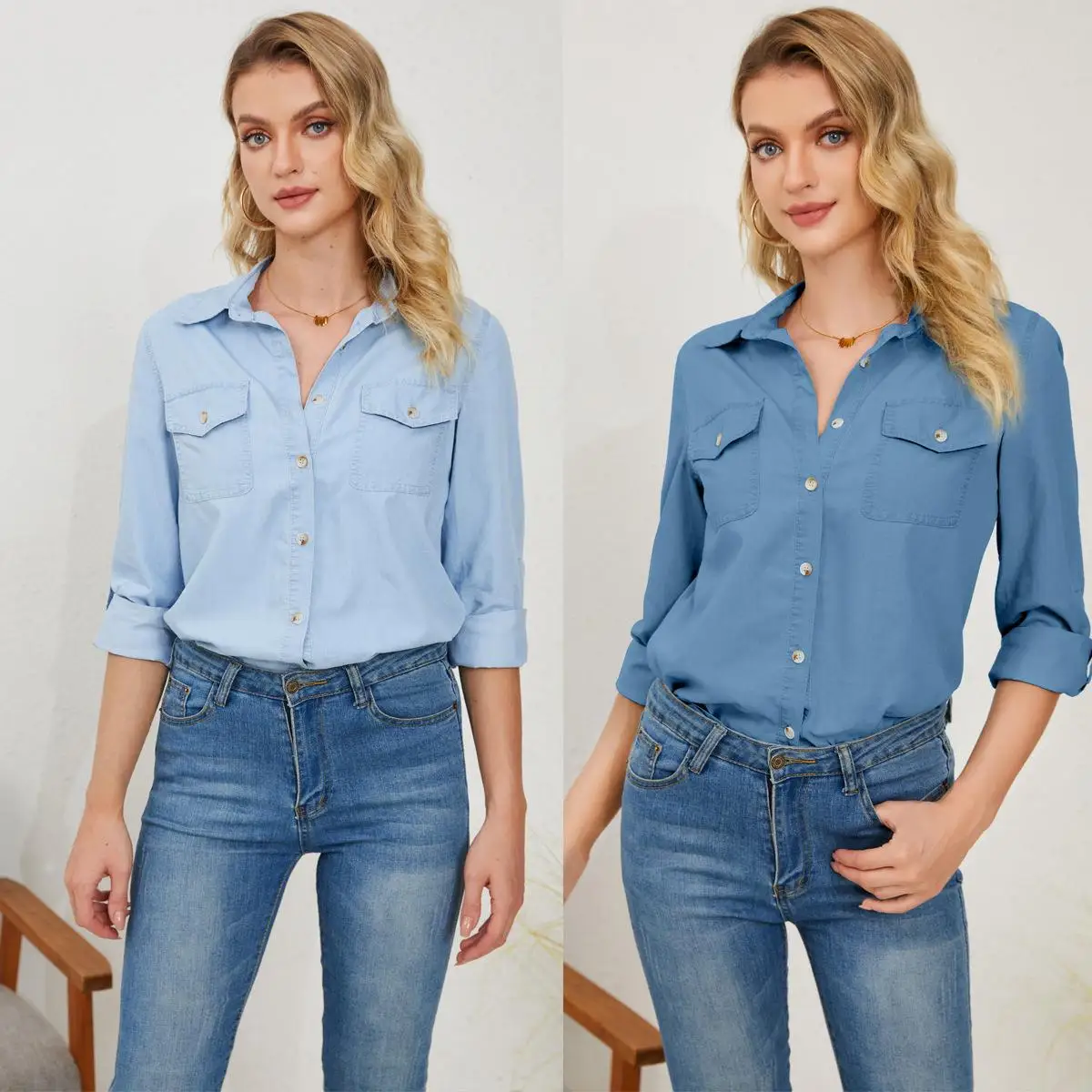 

Women's Long Sleeve Cowboy Shirt with Collar Western Style Pure Color Casual Fashionable And Non-deformable Ladies' Top