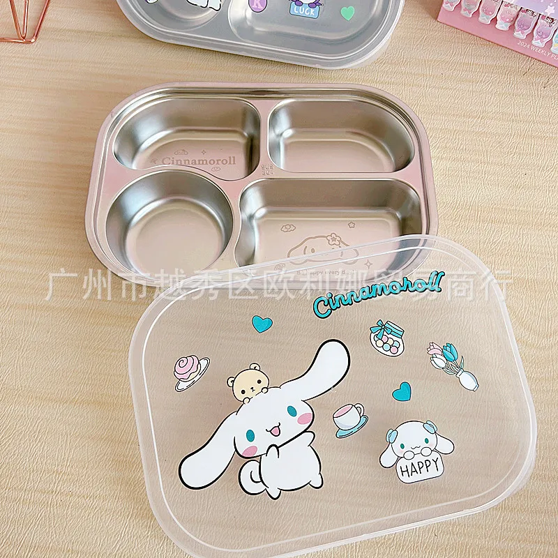 Cute Kuromi Lunch Box Sanrio Anime My Melody Cinnamoroll Pochacco 304 Stainless Steel Plate Cover Thickened Divided Plates Toy