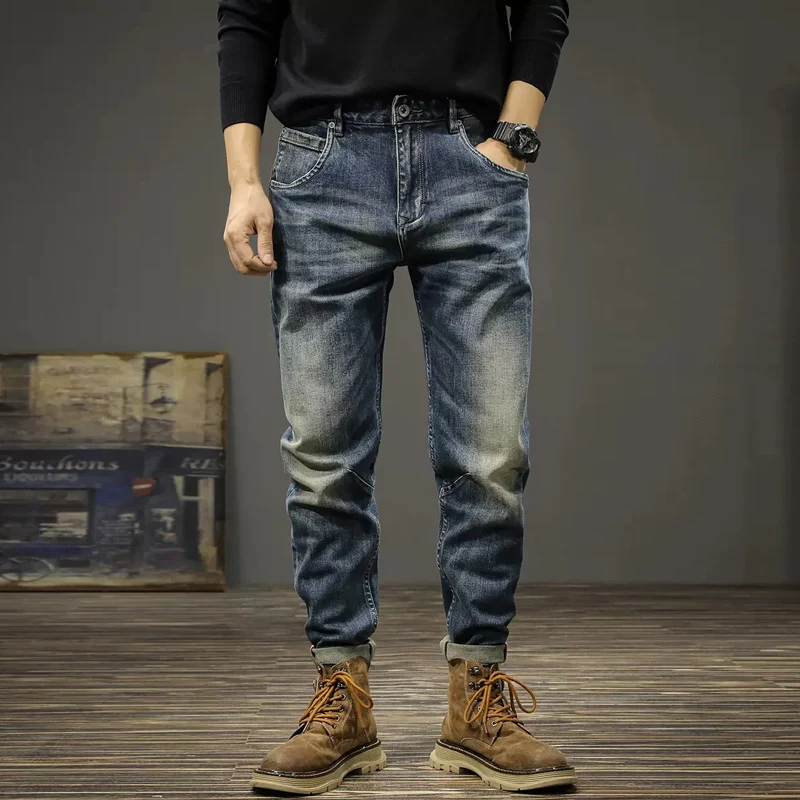 

Italian Vintage Fashion Men Jeans High Quality Retro Blue Elastic Slim Fit Ripped Jeans Men Casual Designer Denim Pants Hombre