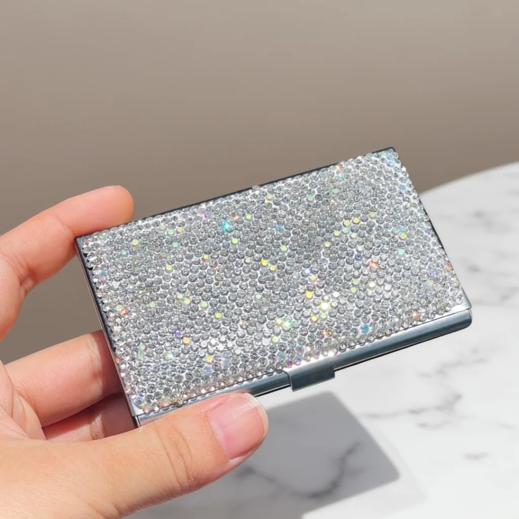 Business card storage box with high-end and shiny artificial diamond inlay, bus card, bank card, business card box