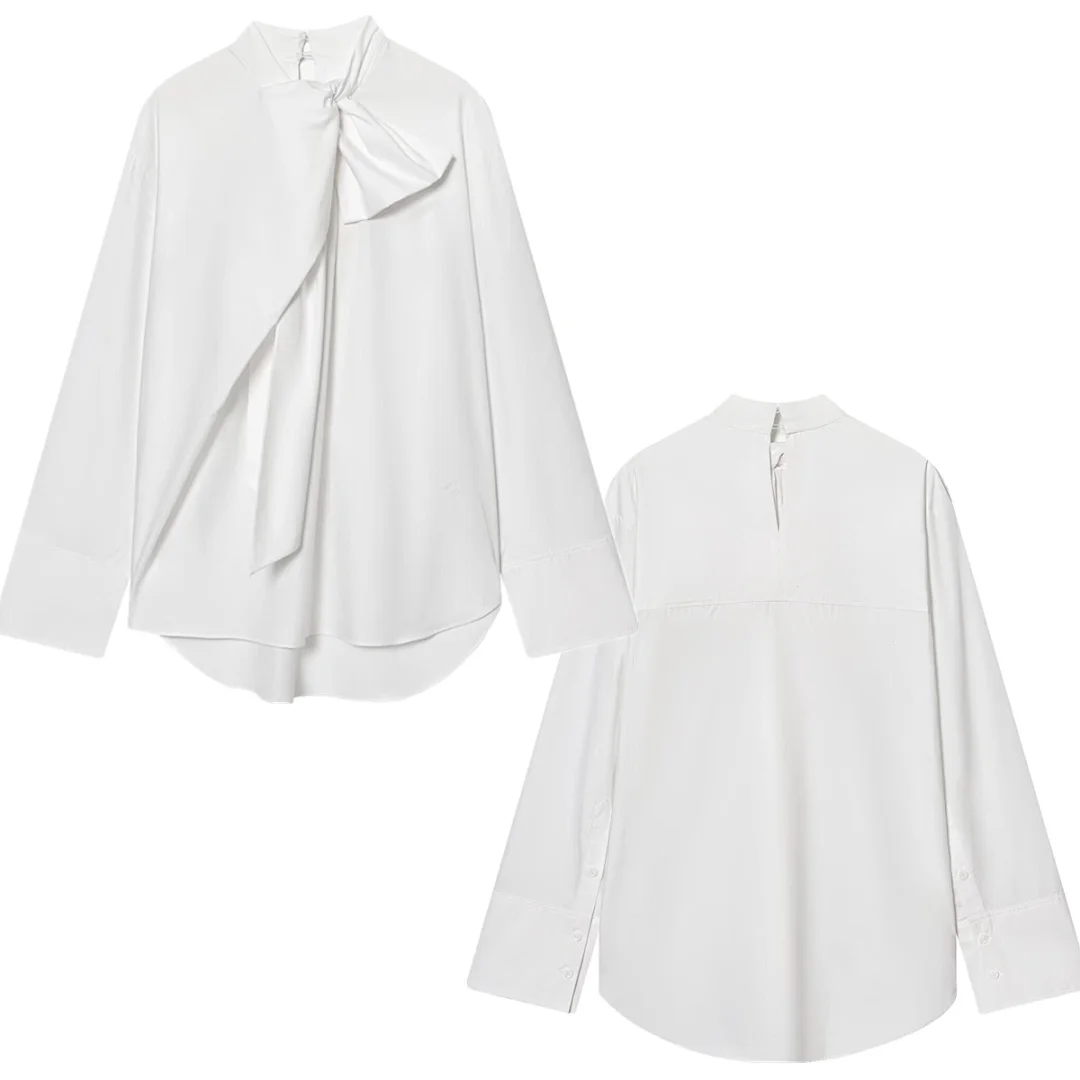 

Элегантная весенняя блузка в скандинавском минималистичном стиле от Jenny&Dave, женские топы, белая рубашка из поплина с бантом, рубашки и блузки, женская одежда, рубашки