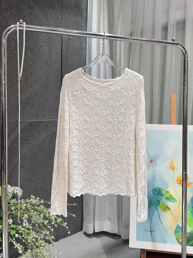 

Fashionable Ruffle Sleeve Knitted Sweater Hollow out Long Sleeve Women's Top New Arrival Lesel Hollow Hook Flower Sweater