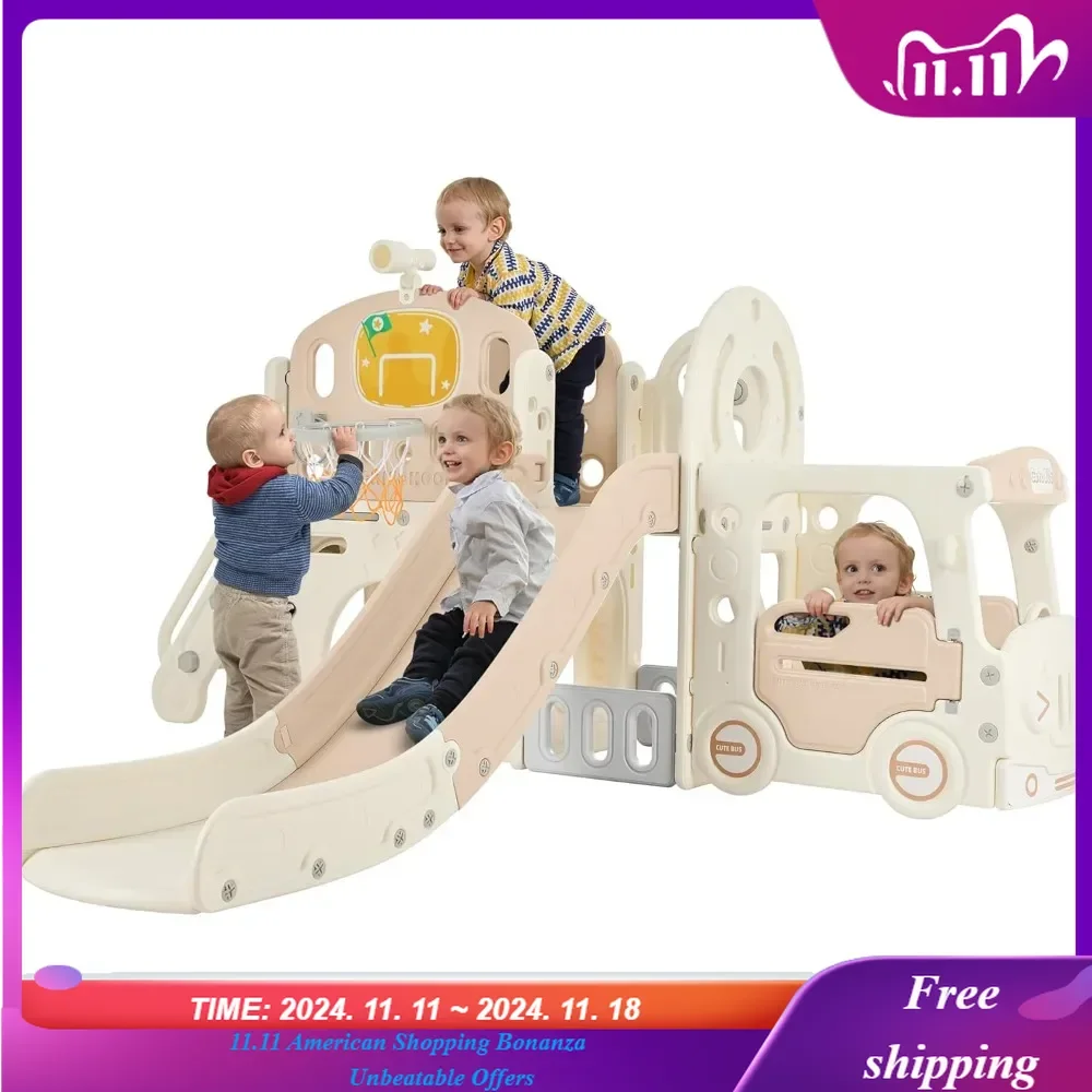 Kids Slide Playset Structure 9 in 1, Freestanding Castle Climbing Crawling Playhouse with Slide, Arch Tunnel, Ring Toss,