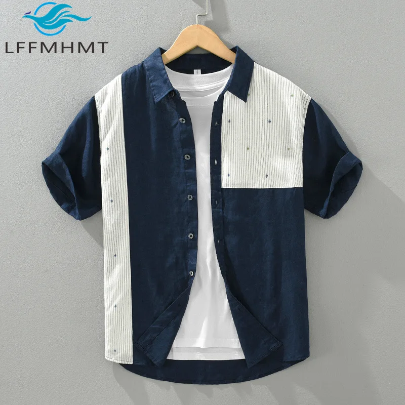 1266 100% Linen High Quality Casual Shirt Men\'s Contrast Color Dots Embroidery Chic Short Sleeve Lapel Blouse Teens Premium Tops