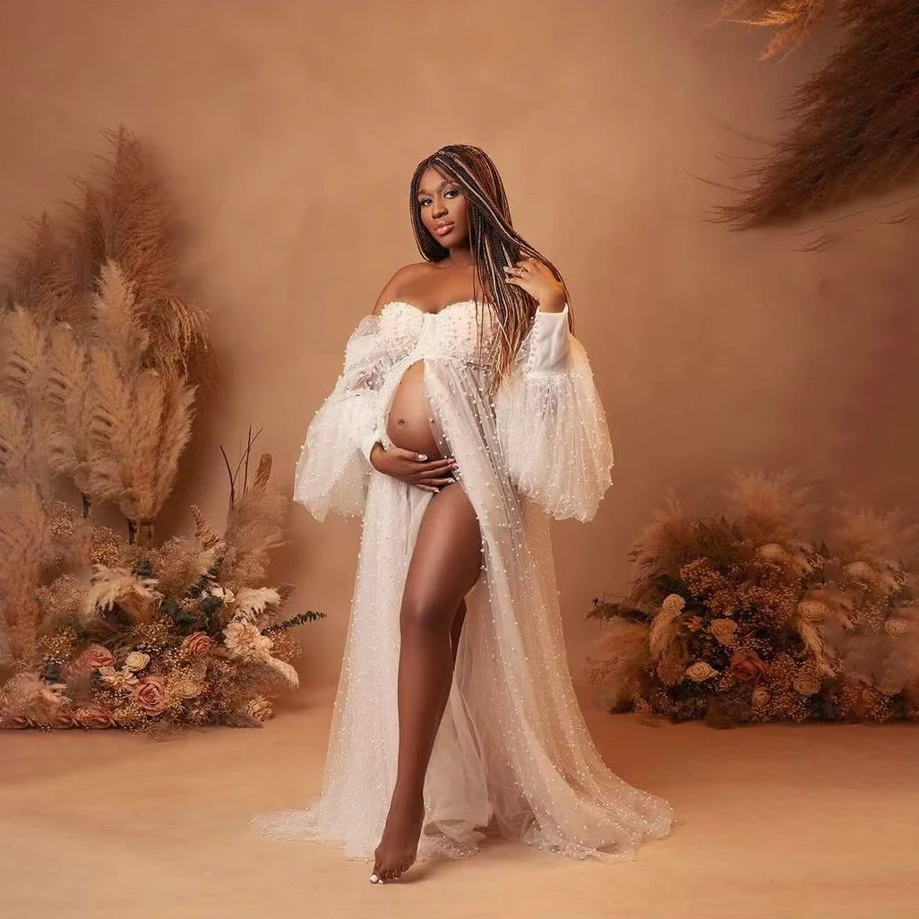 

Довольно длинные платья для беременных, фотосессия с разрезом спереди, женский свадебный халат с бисером, платье для беременных, жемчуг, тюлевые рукава