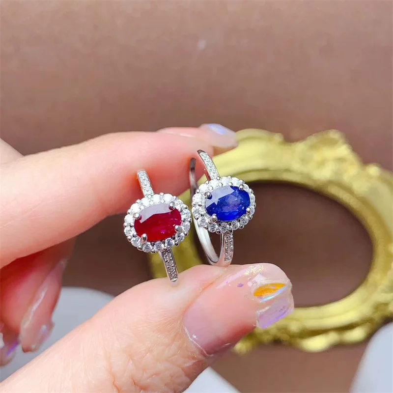 

Natural Sapphire S925 Silver Simple Ruby Ring for Women 5*7mm Wedding Engagement Ring Birthday Gift with Certificate