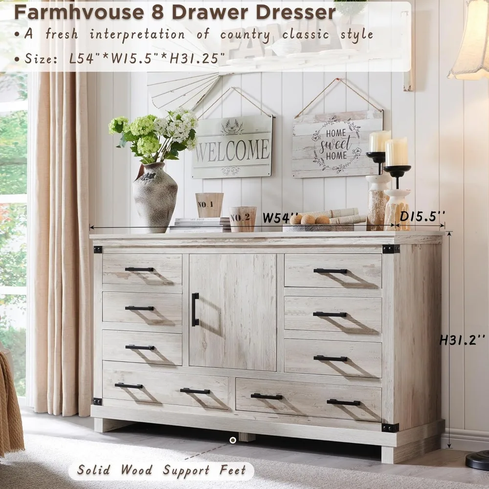 8 Drawer Dresser for Bedroom with Adjustable Shelf, Wood Long Chest of Drawers with Thick Plank Styling