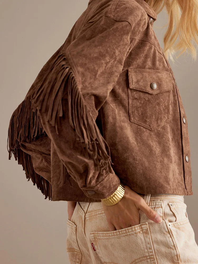 Vintage Spring Autumn Bomber Jacket Brown Coat Lapel Fringe Long-sleeved Outerwear Streetwear Trends Single-breasted Cropped Top