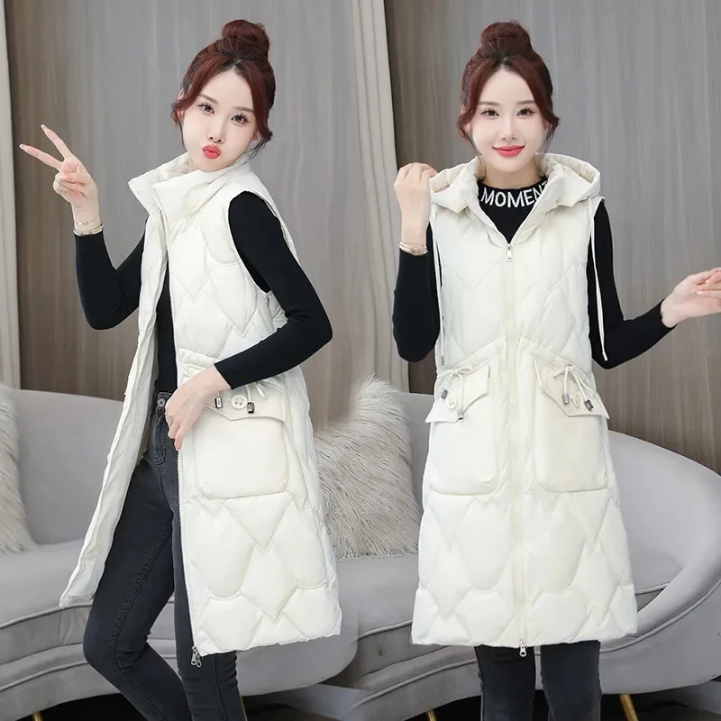 

Womens Jacket Sleeveless Waistcoat 2023 New Winter Underwaist Coat Long Hooded Quilted Puffer Vest Female Warm Thicken Outwear