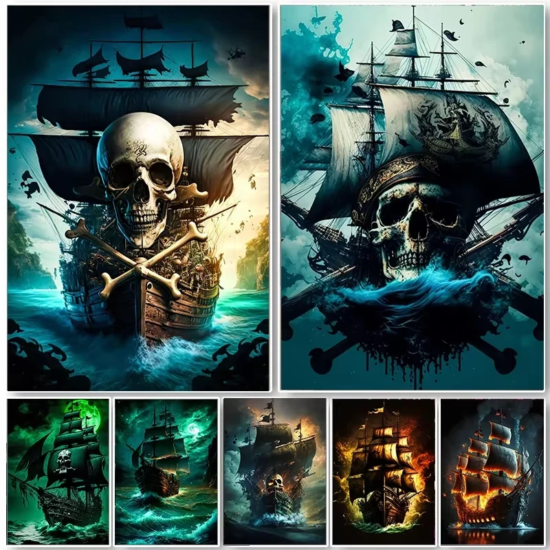 Vintage Skull Pirate Ship Poster Canvas Sea Adverse Weather Painting Prints Wall Art Pictures for Living Room Decor