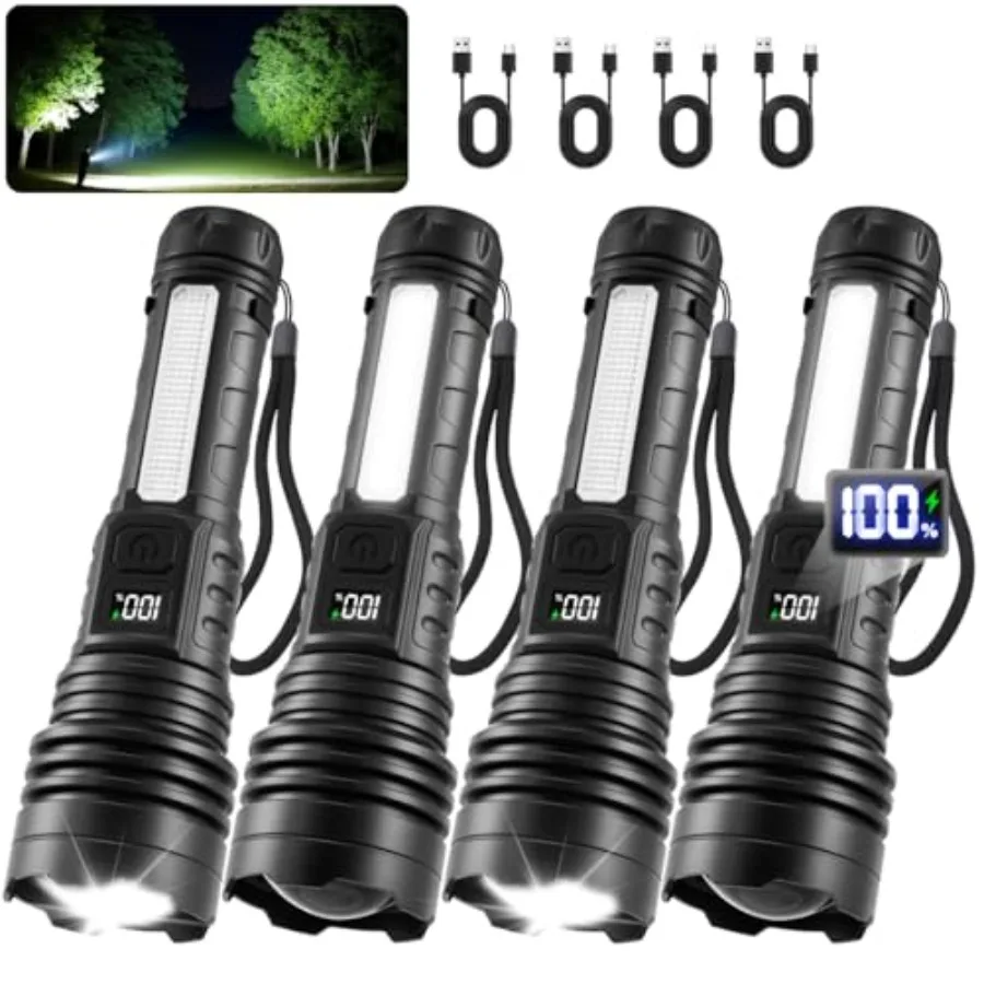 4Pack Flashlights High Lumens 9900FL 7Mode Flashlight Rechargeable with LCD Digital Display Rechargeable Flashlights with COB L