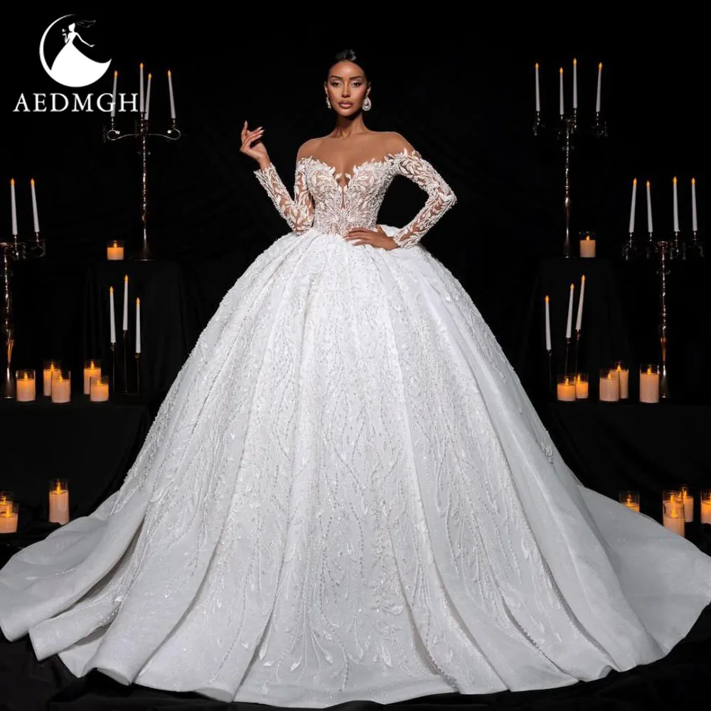 

Aedmgh Ball Gown Princess Wedding Dresses O-Neck Court Train Vestido De Novia Lace Beaded Sequined Chic Custom Made Bridal Gowns