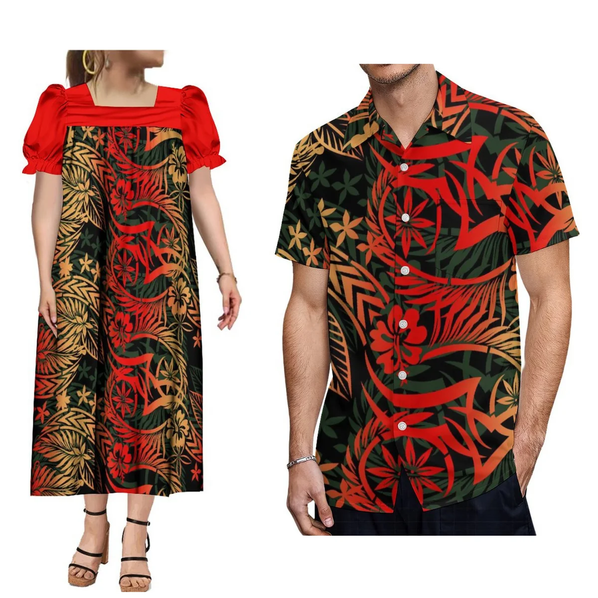 Micronesia Tribe Mumu Women Custom Puffed Sleeve Long Dress Elegant Dress Polynesian Hawaiian Beach Men Short-Sleeved Shirt