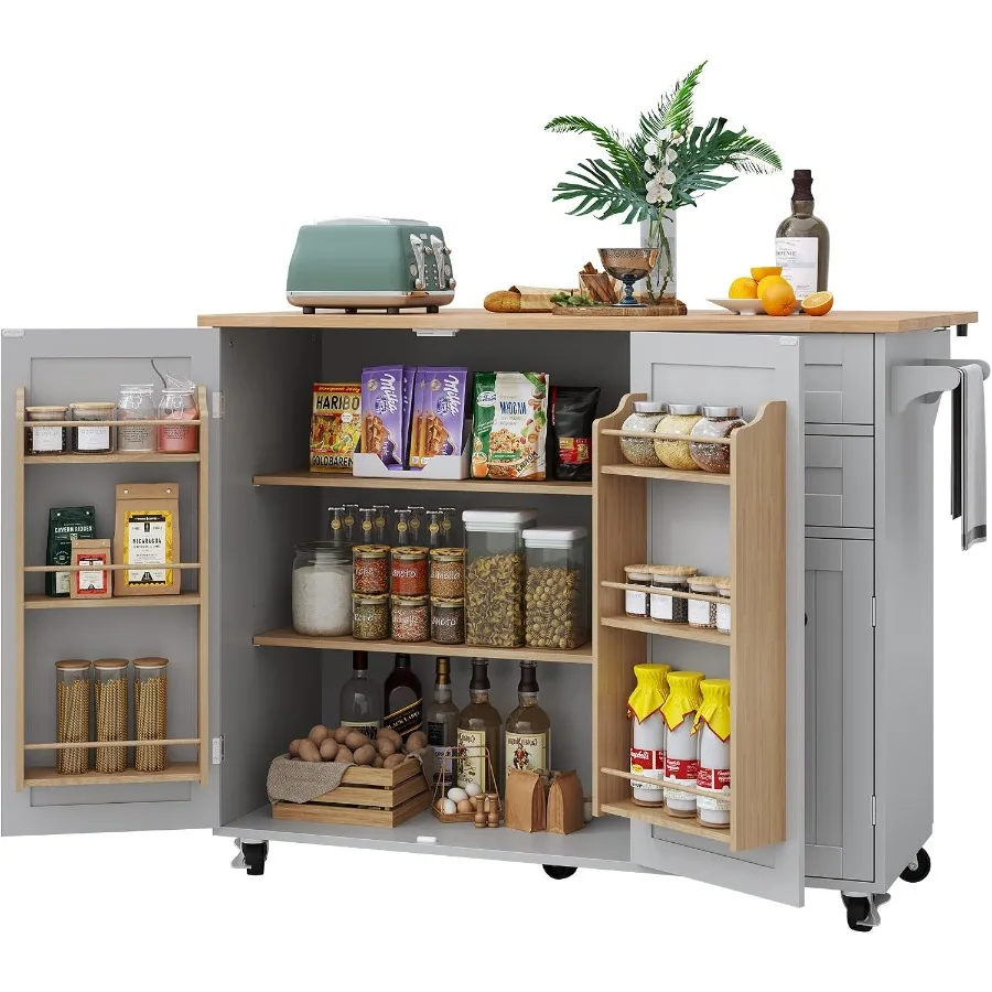 Kitchen Island with Storage, Rolling Kitchen Island on Wheels with Drop-Leaf Bar Countertop, Prep Table with Side Open Spice Ra