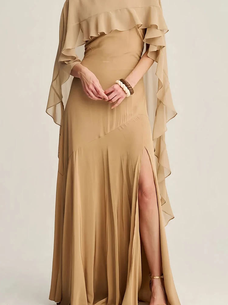 

Elegant Solid Pleated Split Robe Dresses Sexy Ruffled Shawl Women's Long Dress New Autumn Chiffon Slim Fit Party Dress Vestidos