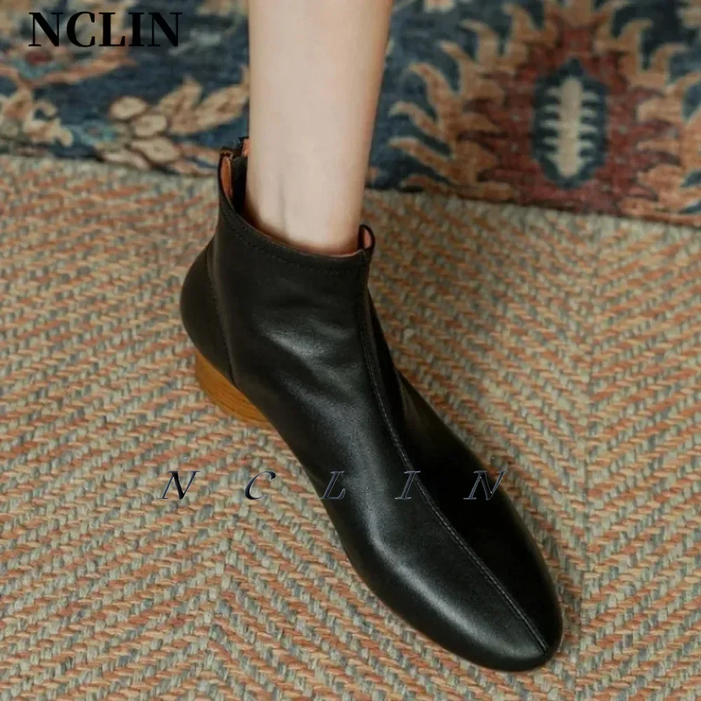 NCLIN-Botas de piel auténtica con cremallera trasera para mujer, zapatos cálidos de tacón grueso con punta redonda, elegantes y concisos, para boda y oficina