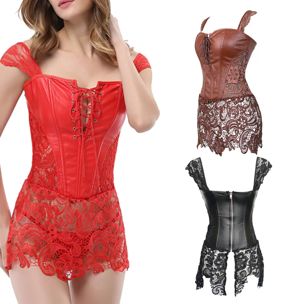 

Womens Shoulder Straps Leather Corset Dress Faux Leahter Bustier Waist Cincher Steampunk Shaper Sexy Lingerie Lace Skirt Corsets