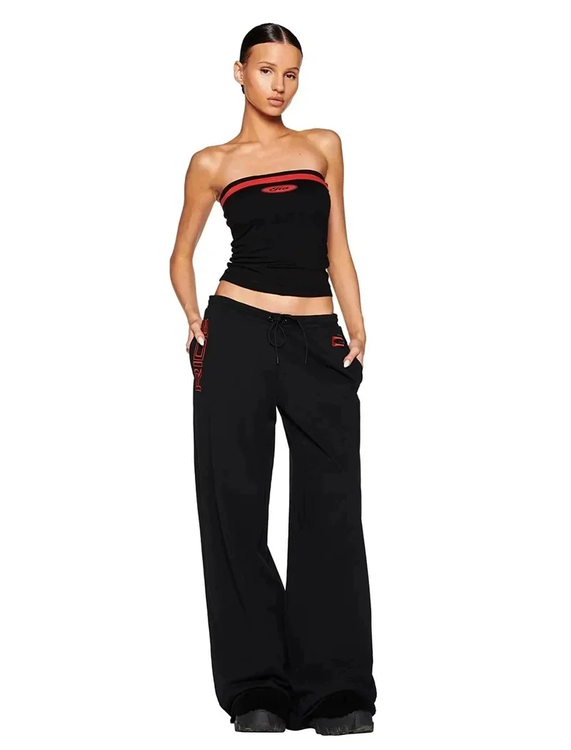 

2025 Black and red strapless top straight leg pants Retro Spice tracksuit