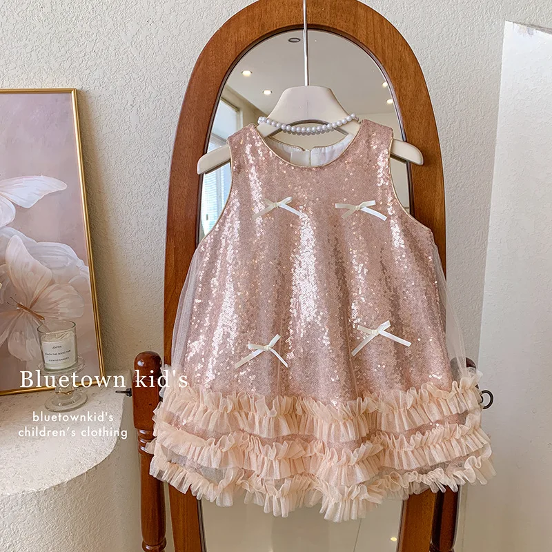 

Летние детские платья с бантом и пайетками, платье принцессы для дня рождения, сетчатое платье для девочек, пышное платье для выступлений, свадеб и выпускных вечеров