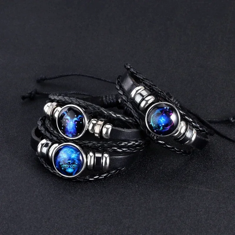 12 Zodiac Signs Constellation Charm Bracelet 팔찌 Men\'s Women\'s Fashion Multi-layer Woven Leather Punk Couple Bracelet Gift Pride