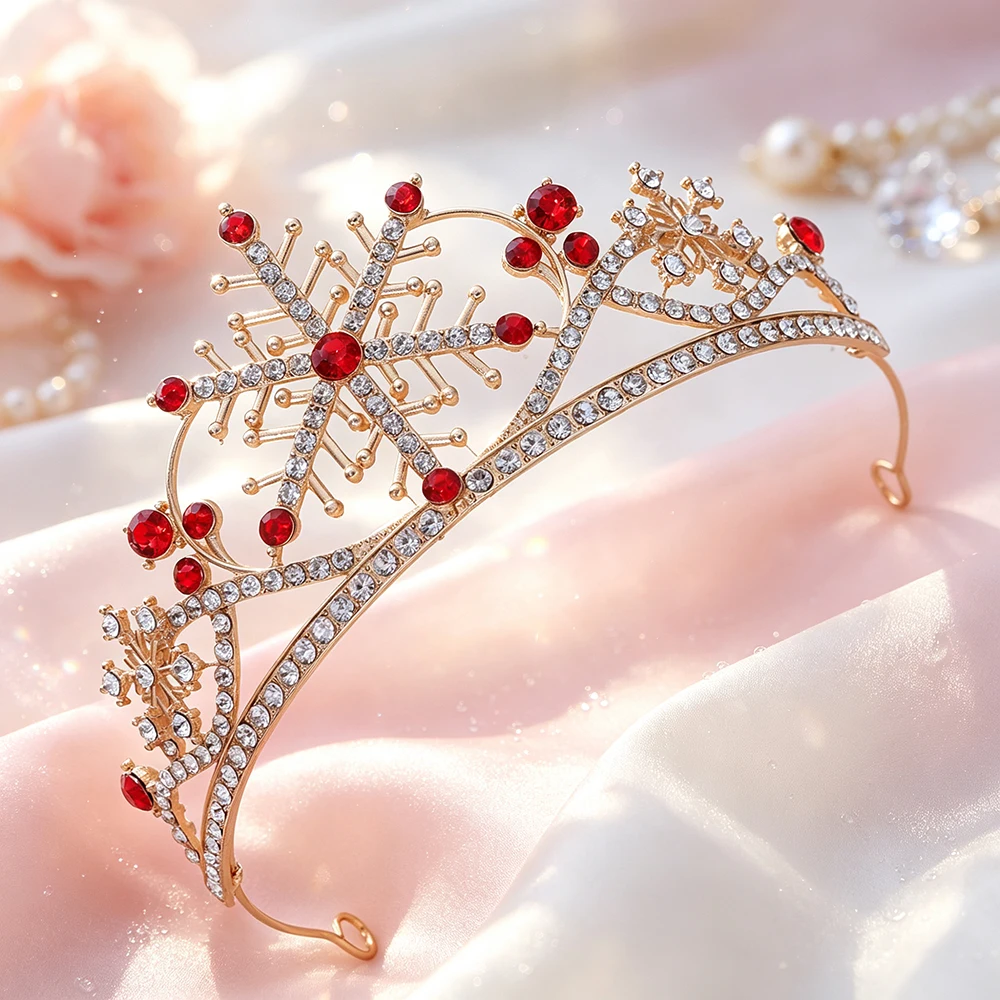 Gold Snowflake Tiara Rhinestone Queen Crown Christmas Wedding Holiday Birthday Party Headpiece Bridal Hair Accessories for Women