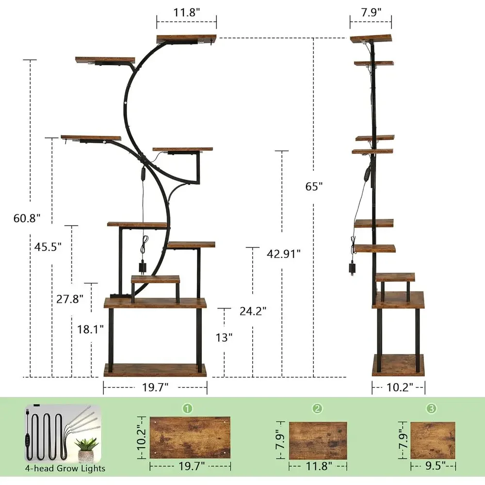 9-Tier Indoor Plant Stand with Grow Lights, Hanging Hooks, and S-Shaped Metal Rack, Brown