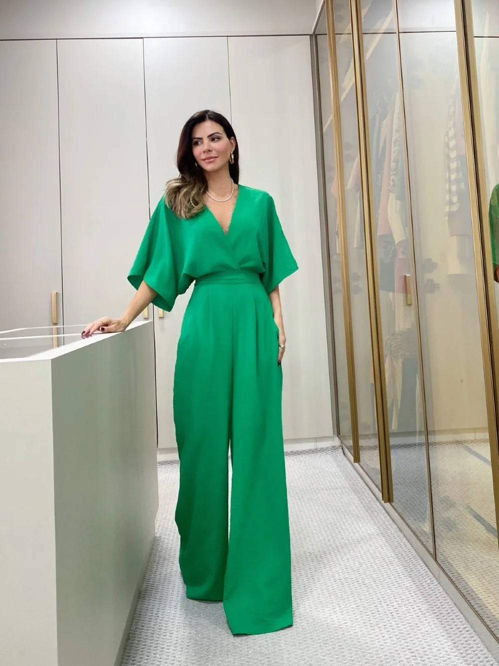 2023 Sommer Neue V-ne Batwing Sve Bal Gürtel ort Sve Breite Bein Hosen Lange Hosen Einteilige Hohe Taille Polyester