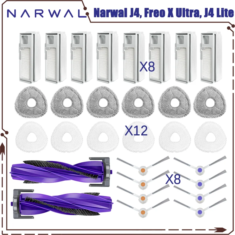 Kompatybilny z 나르월 Narwal J4, Freo X Ultra, J4 Lite Szczotka boczna Filtr HEPA Nakładka na mopa Części zamienne Akcesoria