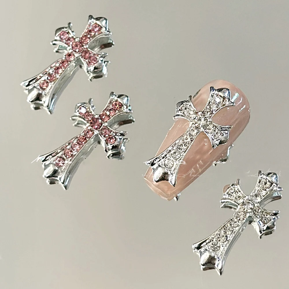 5 Stück XXL Silber Kreuz Luxus Nail Art Strasssteine 3D Y2k Herz Kreuz (Rosa, Schwarz, Rot) Exquisite Legierung Nagel Charms DIY Nagel Deko