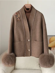 2024 New Autumn Winter Women 100% Real Natural Fox Fur Cuff Wool Coat Cloak Cashmere Warm Jacket Luxury Thick Female Coats