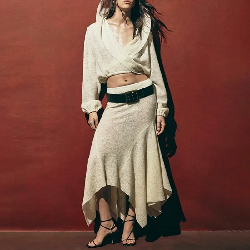 

Talenza Elegant Long Skirt Two-piece Set Women's Solid Hooded V-Neck Top Casual Loose Irregular Skirt Street Skirt Set Female