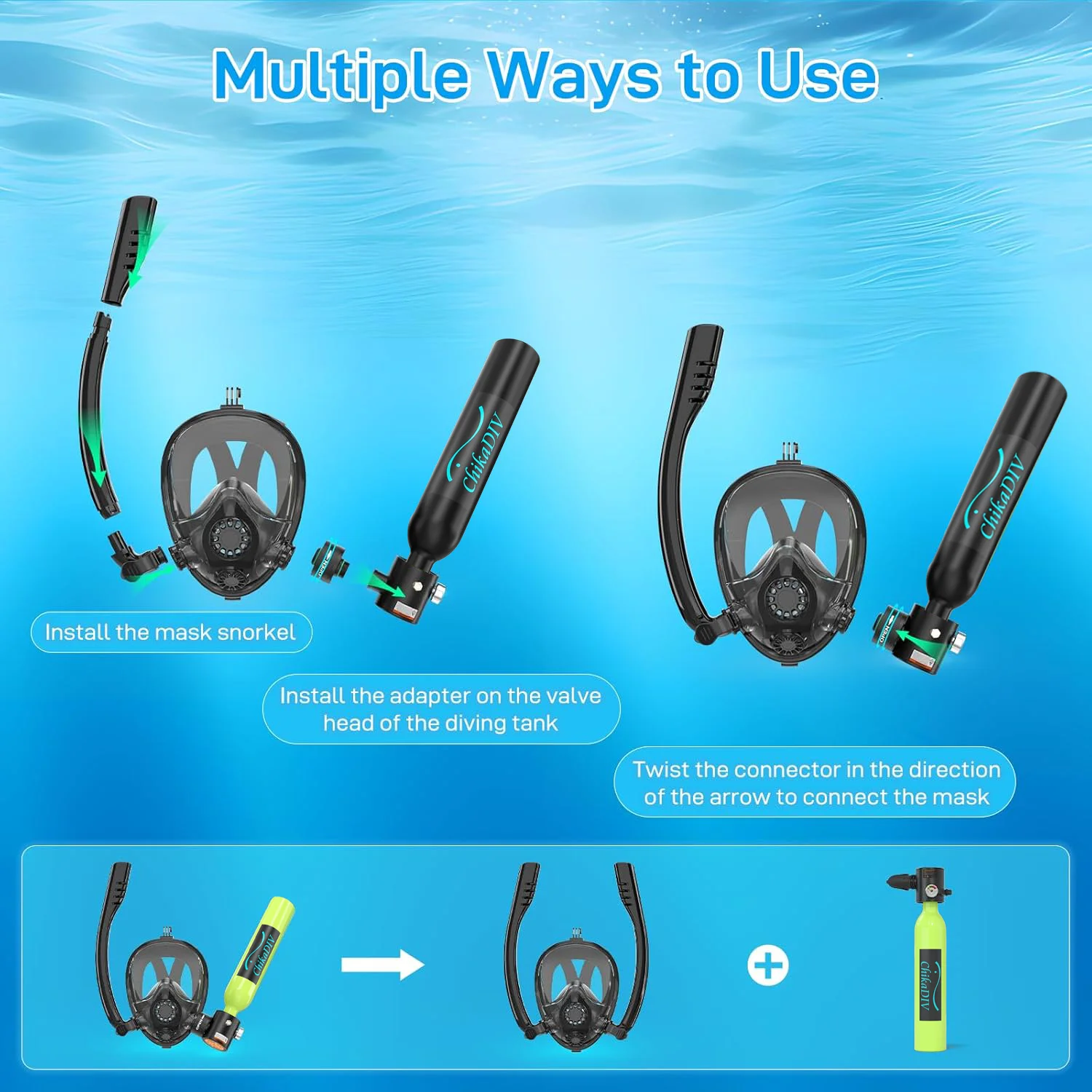 chikaDIV 0.5L Diving Tank with Snorkeling Mask, Hand Pump, Can be used underwater for 5-10 minutes, Outdoor Travel Equipment