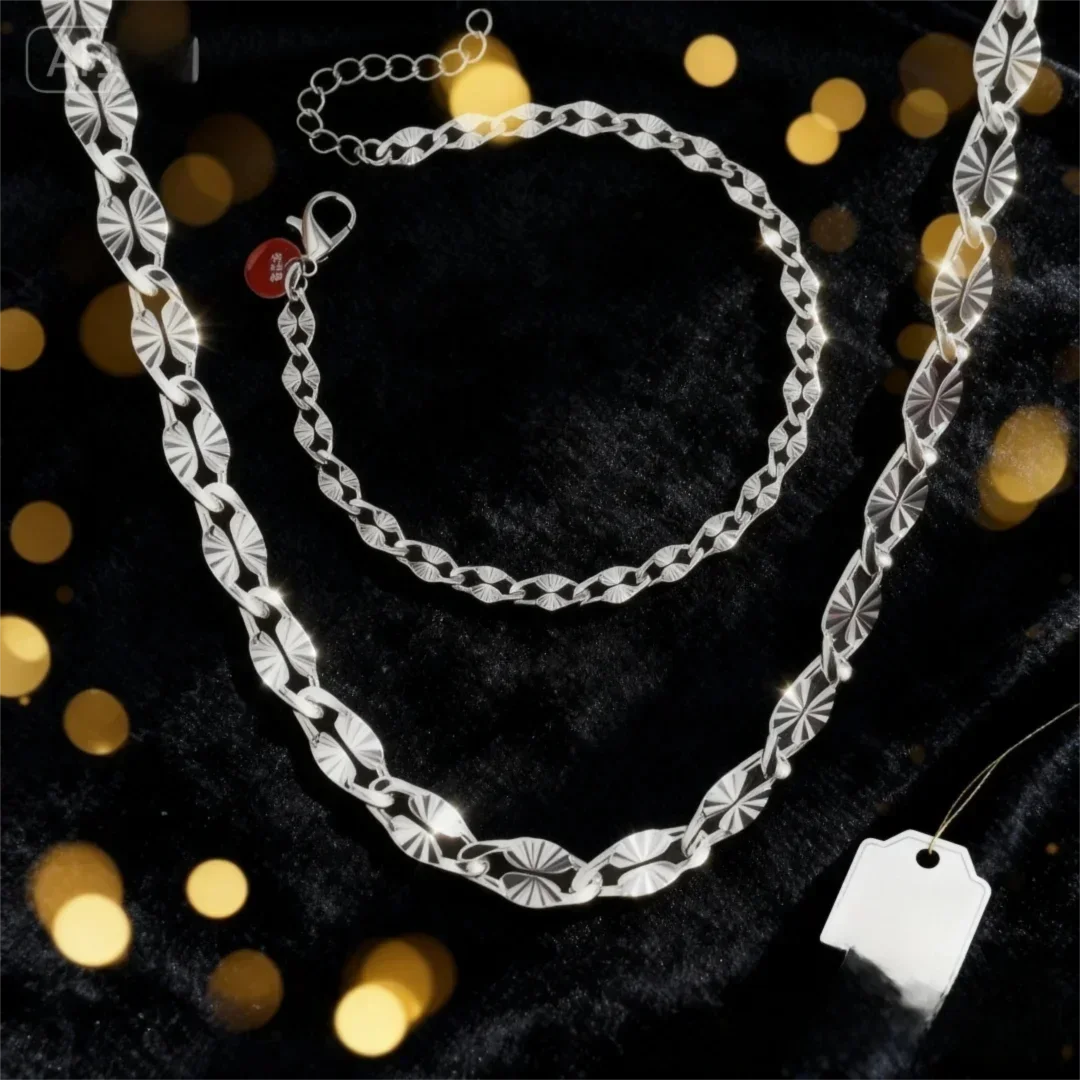 New fashion 2pcs 925 Sterling Silver classy 4MM width Chain Bracelet necklace Jewelry Set for women lady men Wedding accessories
