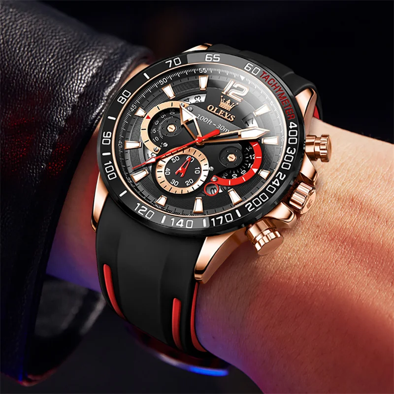 OLEVS Men's Watches Casual Business Quartz Red Rubber Band With Date Watch Luminous Hands Black Steel Case Relogio Masculino