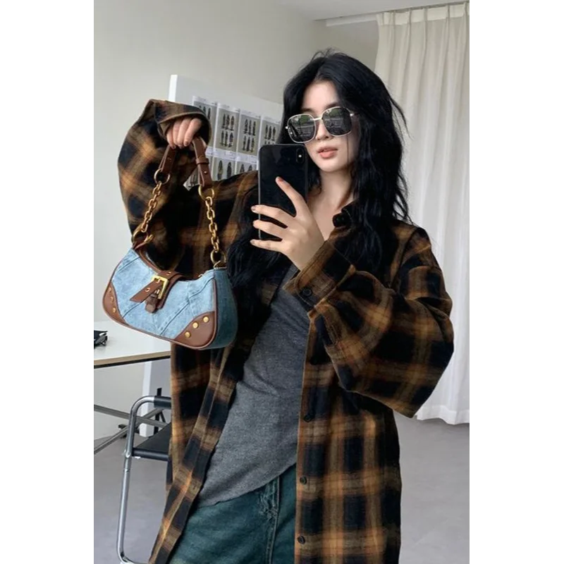 

Retro Plaid Women's Spring and Autumn Loose Vintage Shirt Jacket