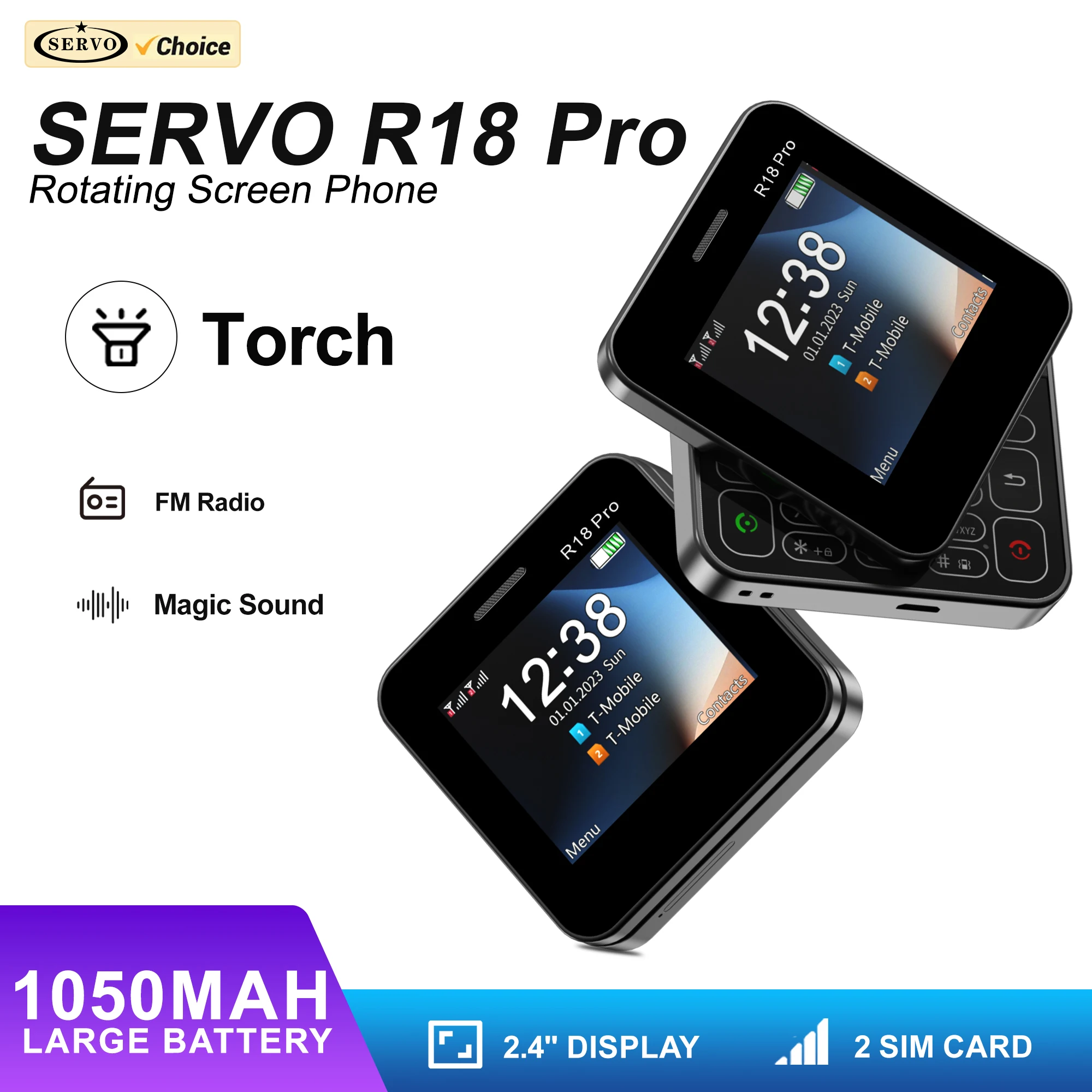 

Сотовый телефон SERVO R18 PRO с поворотным экраном, поддержкой двух SIM-карт, функцией Magic Voice, черным списком, быстрым набором, FM-радио, боковым выдвижным механизмом, 2G, с функциями мобильного телефона