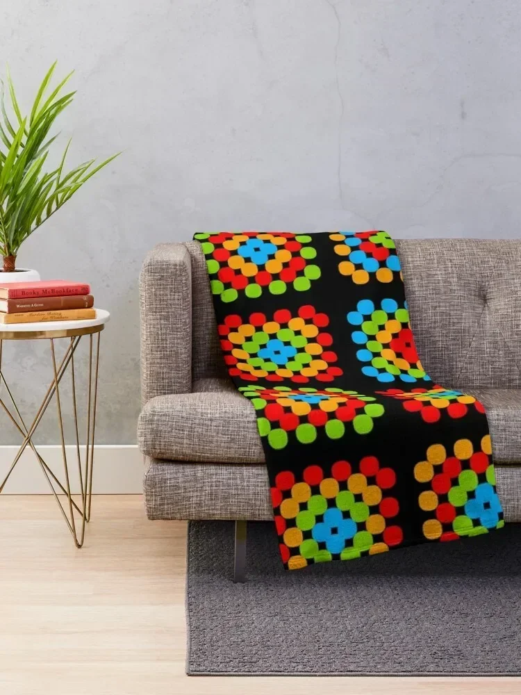 Granny Squares black background blue orange green Throw Blanket Flannel Fabric Vintage Blankets