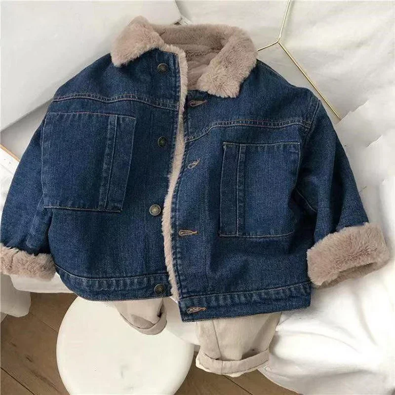 

Spring Denim Plush Warm Girls Jacket Autumn Winter Children Thick Jean Coat Baby Boys Clothes 2 to 8 Years XMP486