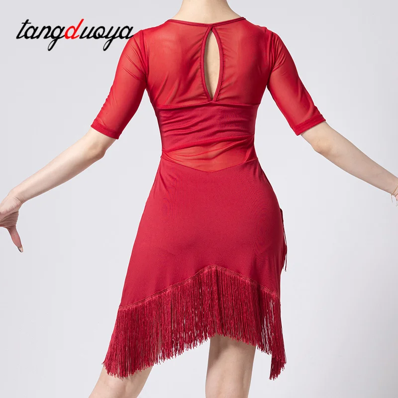 Women Competition Dance Clothes Set Half Sleeves Fringe Salsa Dresses Ballroom Ladies Latin Dress Ballroom tango Cha Cha Rumba