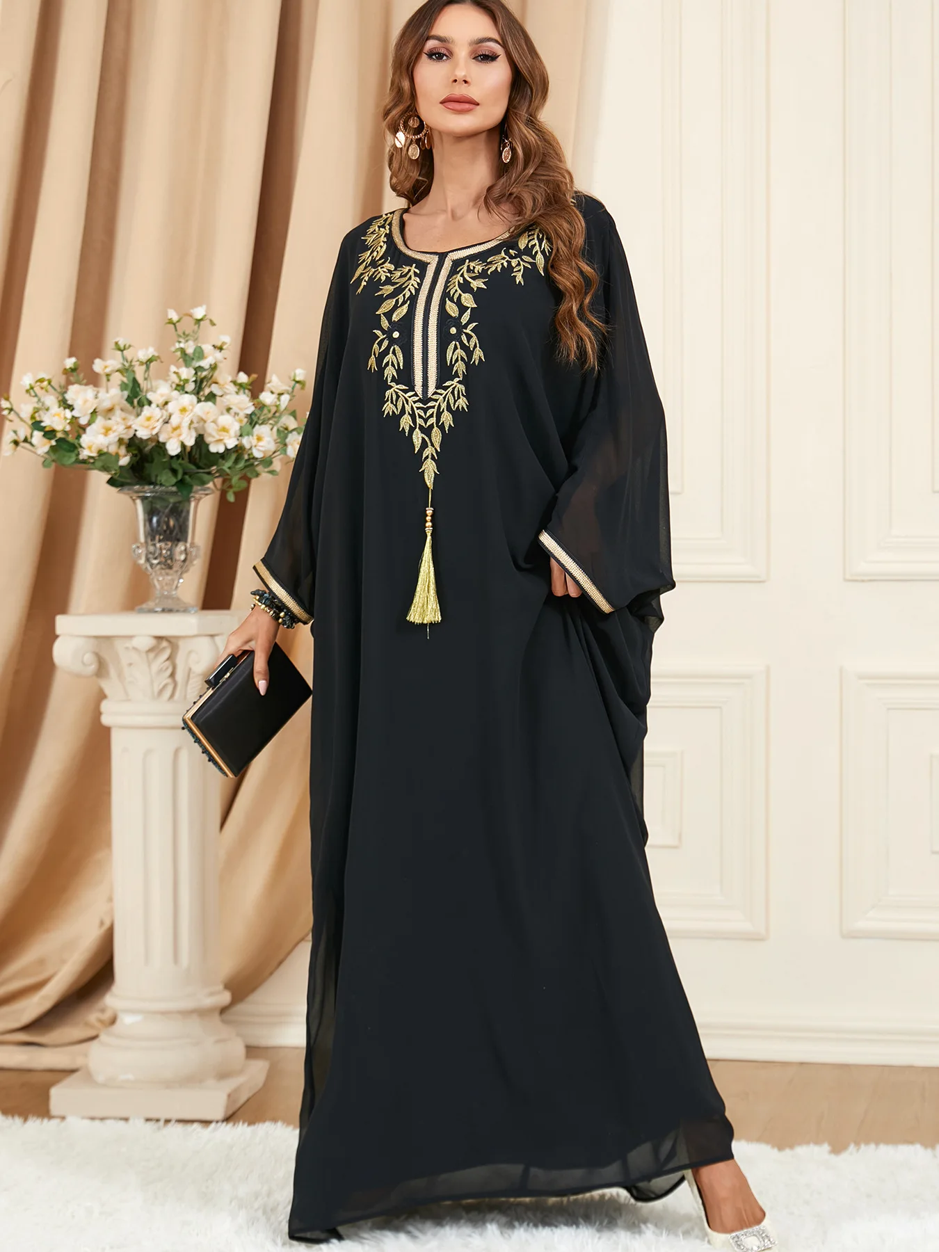Embroidery Solid Muslim Dresses Women O-Neck Casual Long Dress Loose Batwing Sleeve Elegant Female Clothes Spring Summer