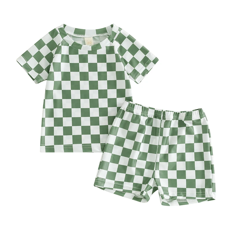 Toddler Baby Boy Two Piece Swimsuit Set Checkered Short Sleeve Rashguard Swimwear Bathing Suit Sunsuit Beach Wear