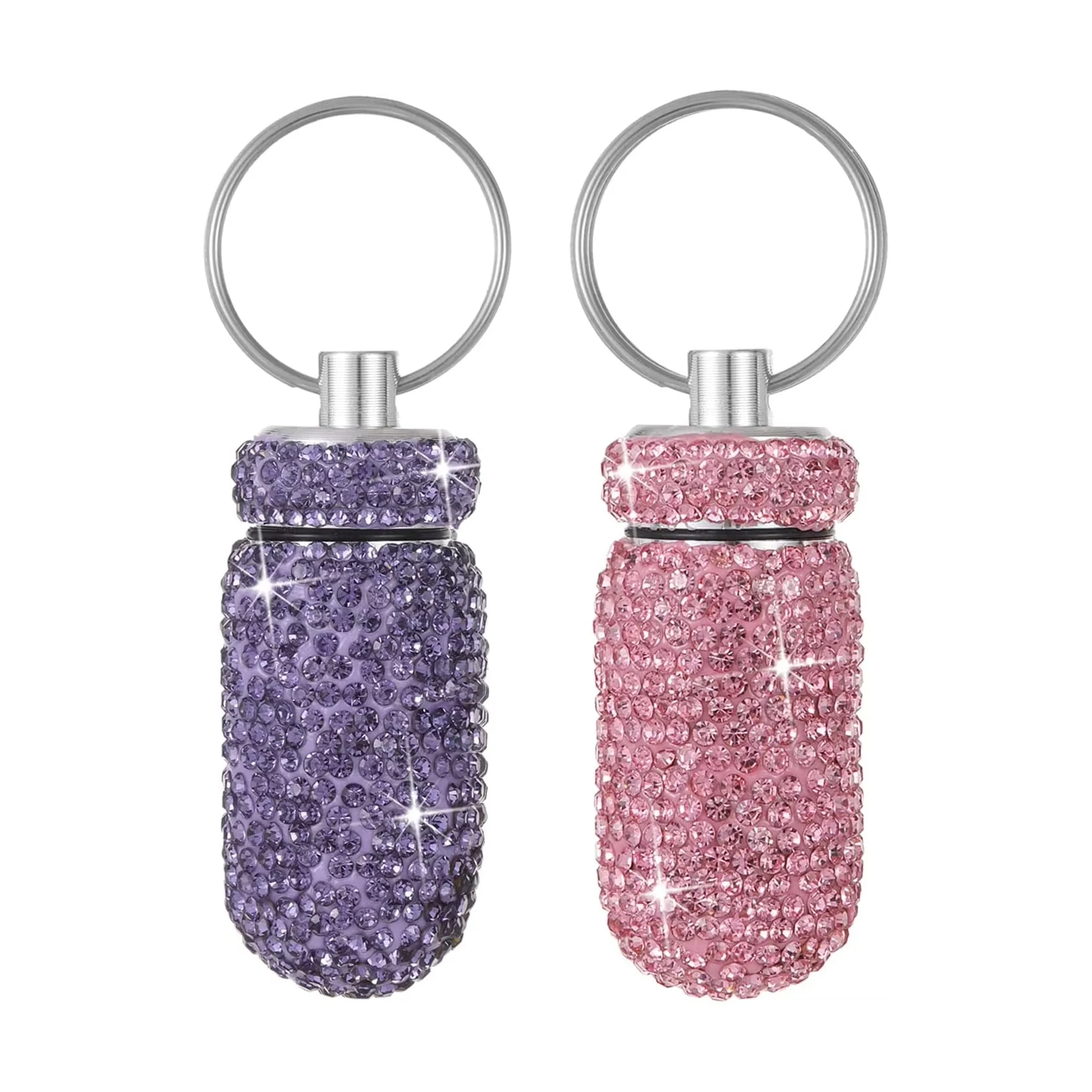 Rhinestone Shiny Pill Case Keychain Waterproof Mini Cute Pill Storage Box Key Ring Portable Organizer Bottle Pendant Travel
