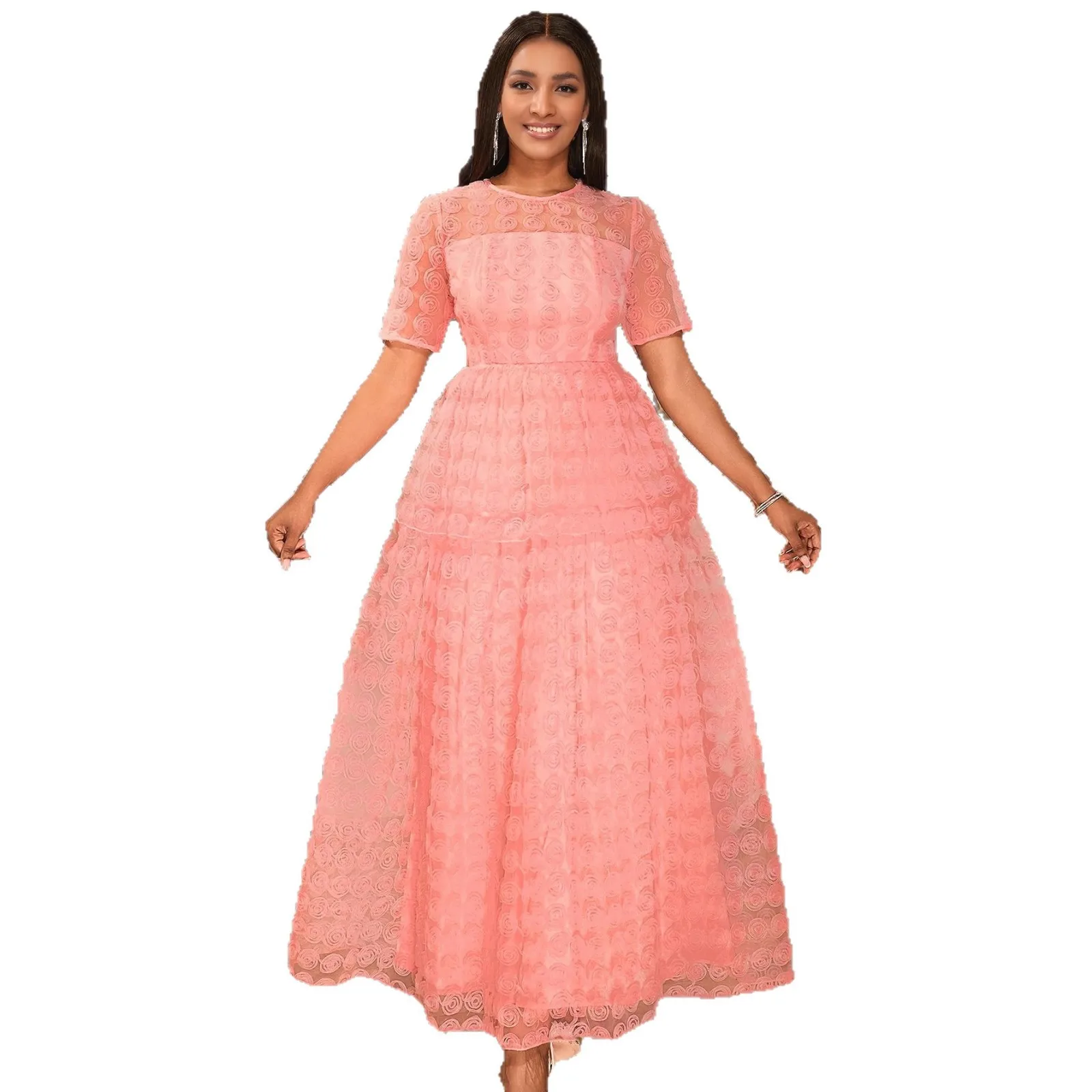 Nowa letnia, ekskluzywna, prześwitująca sukienka z okrągłym dekoltem, trójwymiarowymi wzorami z siateczki i eleganckie sukienki na przyjęcia.