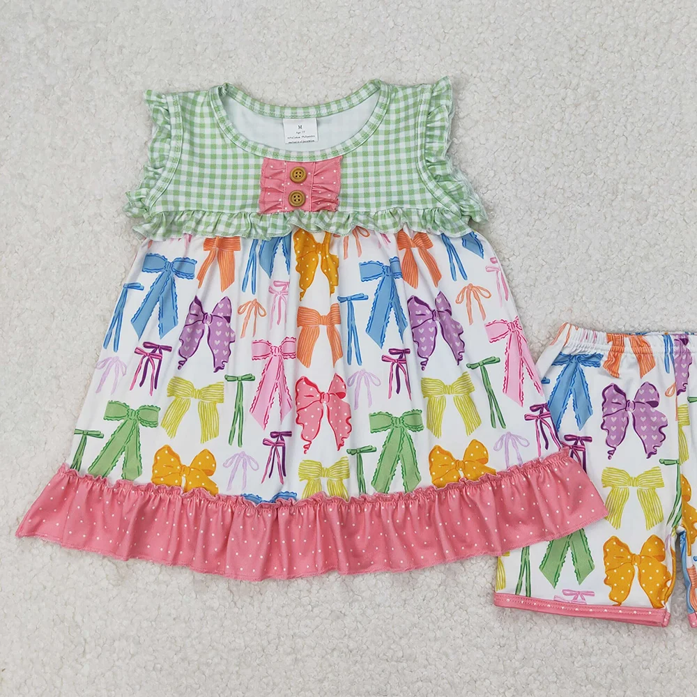 GSSO2089 Baby Girls Colorful Bows Tunic Top Ruffle Shorts Clothes Sets