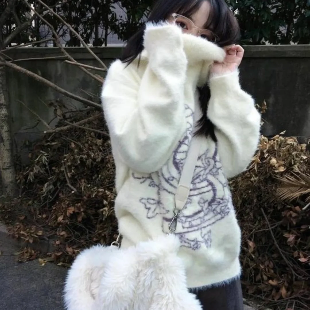 อเมริกันสวีทกราฟฟิตี้พิมพ์เสื้อกันหนาวผู้หญิงฤดูใบไม้ร่วง/ฤดูหนาวแฟชั่นหลวมเสื้อแจ็คเก็ตถักมีฮู้ด