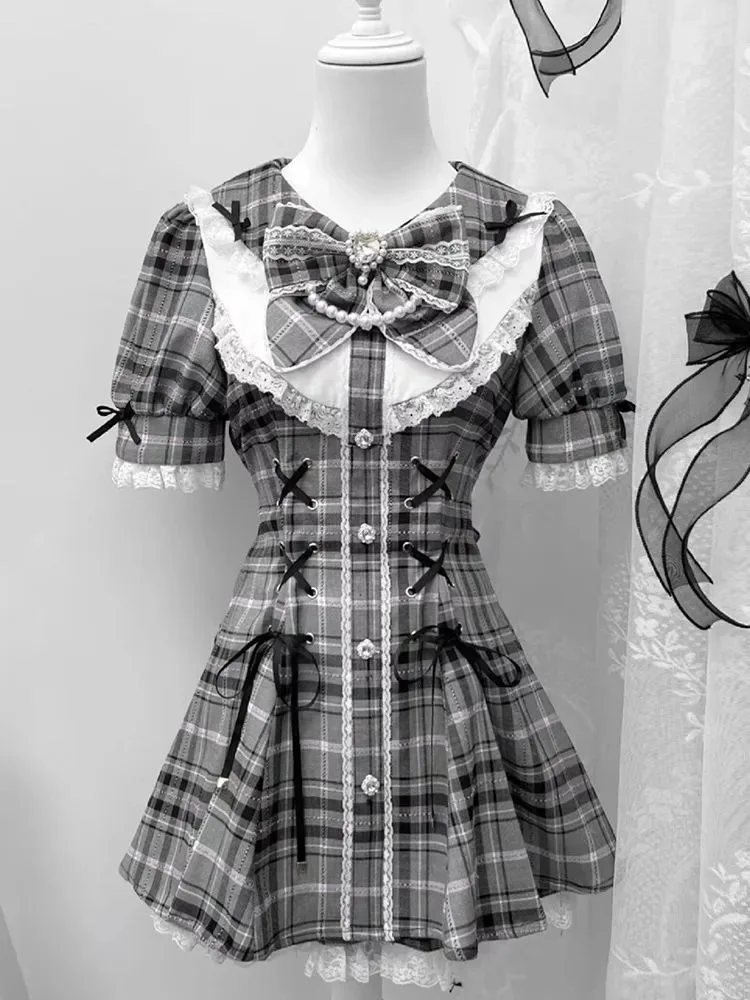 Japanse zoete strik zwarte jurken all-match slim fit kawaii lolita jurk voor dames herfst nieuwe korte mouw vestidos de mujer 2026