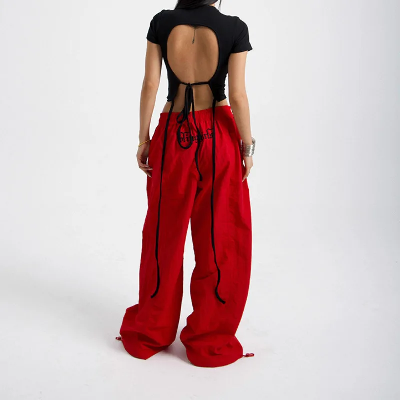 Trendy Y2K Girl Casual Baggy Pants Women Loose Straight Oversize Drawstring Sports Jogging Wide Leg Pants 2000s Hip Hop Trousers